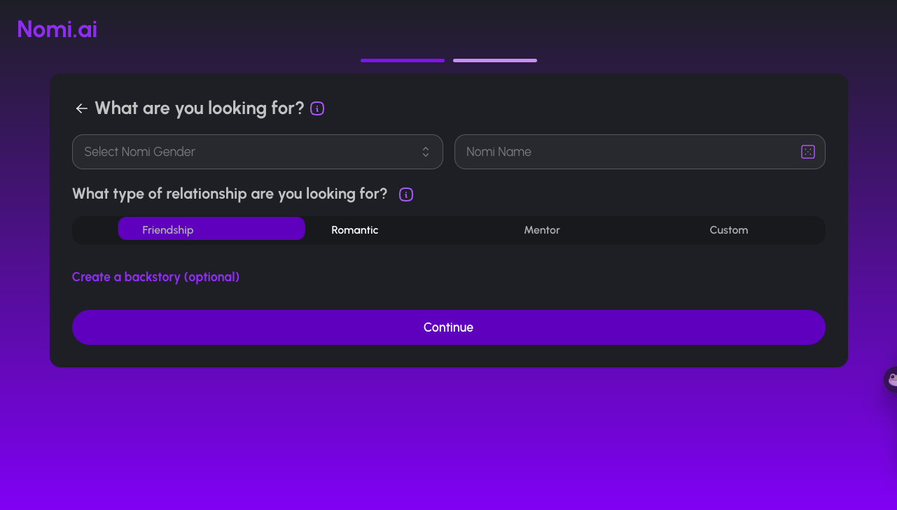 Nomi.ai clean onboarding with zero predatory token popups.