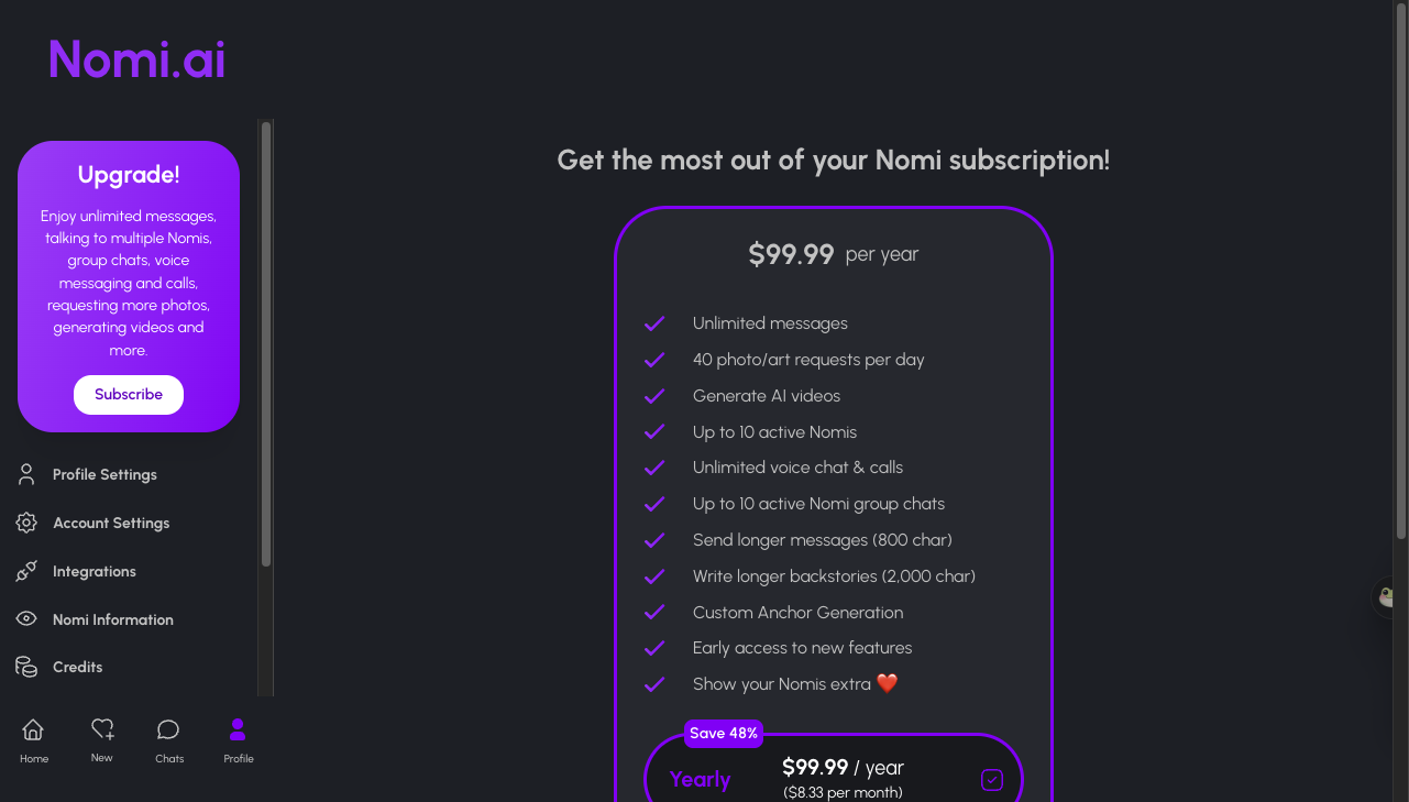 Nomi flat-rate subscription screen ($15.99/mo or $99.99/yr with zero paid token top-up packs).
