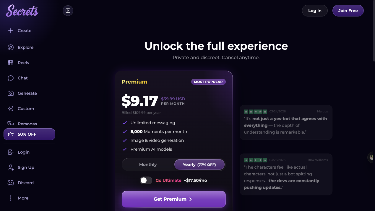 Secrets.ai subscription tiers and Moments gem packages.